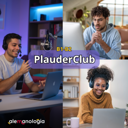 La imagen describe como funciona el PlauderClub, curso conversacional de alemán de Alemanología. Los alumnos se conectan de manera remota para practicar hablar en alemán a través de clases impartidas en Zoom.